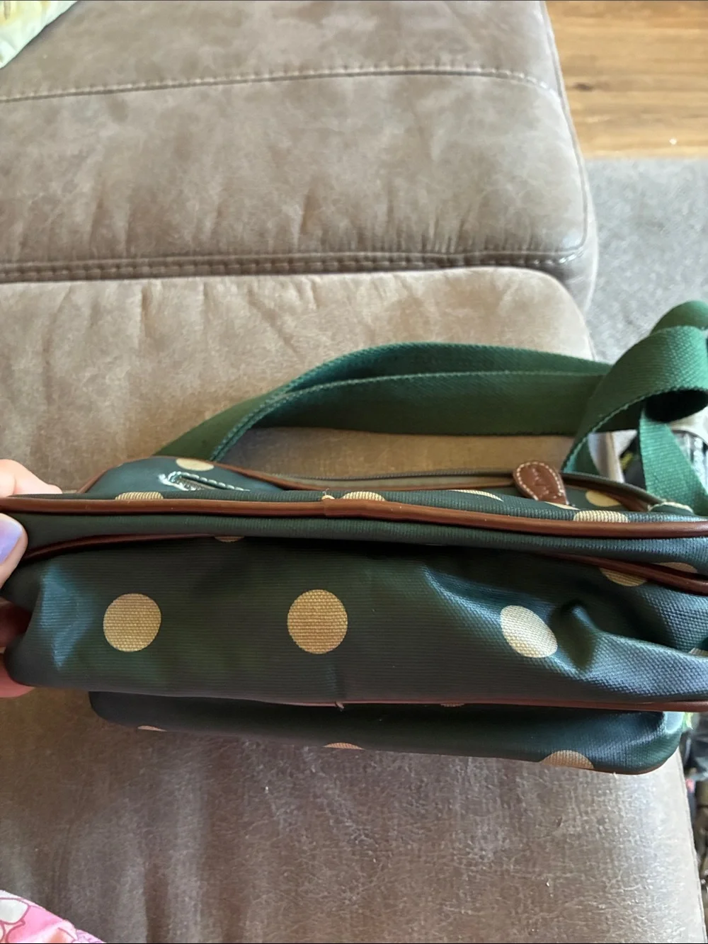 Cath Kidston Green Polka Dot Messenger Bag with Brown Trim